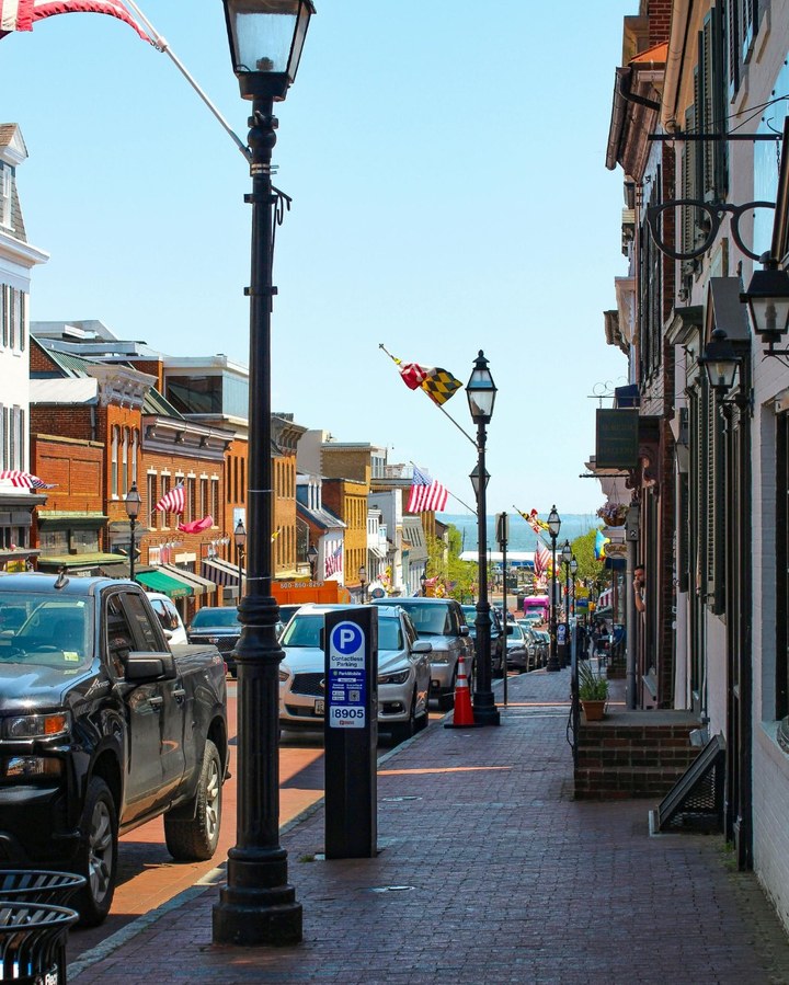 Historic downtown Annapolis street with Maryland flags